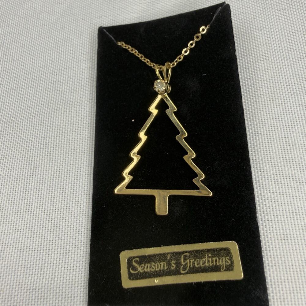 Vintage Gold Tone Christmas Tree Pendant Clear Rhinestone Seasons Greetings